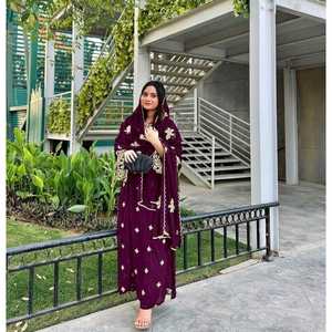 FANCY GEORGETTE BORDADO SECUENCIA TRABAJO TOP PANT CON DUPATTA WINE - Product Image 1