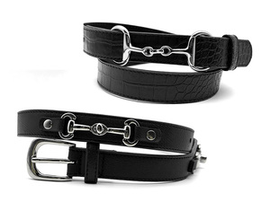 Black Crocodile Embossed PU Leather <b>Belt</b> with <b>Silver</b> Horsebit <b>Buckle</b> - Product Image 2
