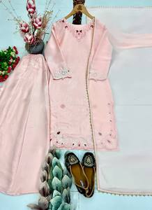 Elegante Traje Palazzo Rosa Rubor Bordado para Mujer, Kurta Recta de Diseñador con Dupatta de Gasa, Ropa Étnica Festiva para Bodas - Product Image 6