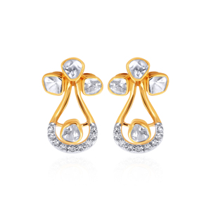 Boucles d'oreilles pendantes florales en or jaune 18 carats avec diamants Polki taillés rondes, inspirées de la nature, bijoux fins - Product Image 1