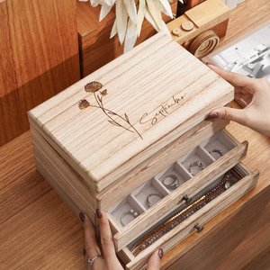 Wood Jewelry Storage <b>Box</b> Carbonized Wooden <b>Keepsake</b> Case with Drawers and Velvet Pouch Custom Logo Gift <b>Box</b> - Product Image 3