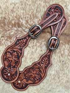 Éperons de botte en cuir véritable avec gravures florales, surpiqûres blanches, conchos en métal brun, pour l'équitation, finition premium - Product Image 2