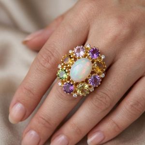 Gold Plated Cocktail <b>Ring</b> With <b>Opal</b> And Multicolor Stones Prong Setting Bohemia Style Women's Everyday Wear - Product Image 5