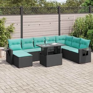 Set di divani da giardino in polyrattan nero da 9 pezzi con cuscini, mobili da giardino - Product Image 1