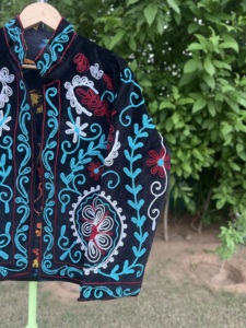 Chaqueta Bomber de Terciopelo para Mujer, Tejida a Mano con Diseño Floral, Forro de Algodón Bohemio Suzani, Estilo Étnico Vintage, Transpirable - Product Image 4