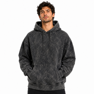 Sudadera con capucha para hombre, estilo vintage, con bolsillo canguro y cordón, lavado ácido, lisa, informal, desgastada, cálida, sin marca - Product Image 1