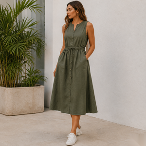 Sleeveless V-Neck Midi <b>Dress</b> With Drawstring Waist And Button Front Casual A-Line Cotton <b>Dress</b> For Summer Daily Wear - Product Image 1