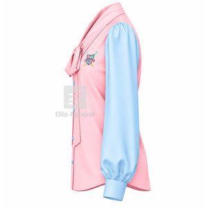 Blusa de satén de la hermandad Gamma Phi Delta con cuello de lazo y logotipo bordado, manga abullonada, azul cielo y rosa, blusa moderna para mujer - Product Image 4
