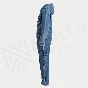 Custom Oversized Cropped Acid Wash <b>Distressed</b> Vintage Streetwear Hoodie Sweatpants Two Piece Set Men Winter Cotton Fit - Product Image 3