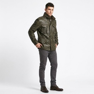 Veste de chasse décontractée d'hiver pour homme en cuir de vache véritable, noire, col montant, fermeture éclair, à capuche, matelassée, grande taille, en cuir véritable, coupe-vent - Product Image 2