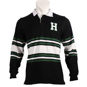 Men's Long Sleeve Rugby Shirt Black Green White Striped Embroidered H Logo Turn-<b>Down</b> Collar Full Sleeve Regular Fit - Product Image 1
