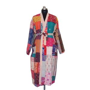 Patchwork Quilted, <b>Kantha</b> Quilt Cotton <b>Jacket</b>, Dress Kimono Beach Wear Cotton Bath Robe Dressing Gown Hand Printed Bridal Kimono - Product Image 1