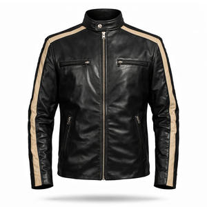 Chaqueta de Cuero Genuino Negra para Hombre, Chaqueta de Motociclista con Rayas Beige, Chaqueta de Cuero Ajustada, Fabricante Personalizado - Product Image 1