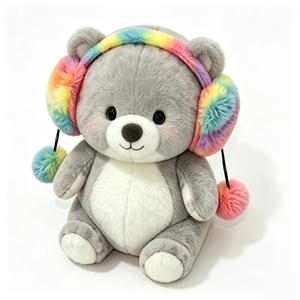 Orejeras de peluche de oso gris esponjoso personalizadas, orejeras de peluche de arcoíris pastel, orejeras de peluche de oso arcoíris, orejeras de peluche de oso con pompones - Product Image 3