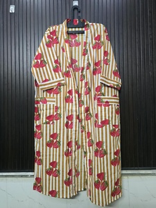 Robe longue pour femmes à rayures imprimées fraises, couleur moutarde, manches longues, col en V, douce, 100% coton, tenue décontractée d'été - Product Image 4