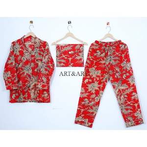 Conjunto de Pijama Elegante de Algodón para Mujer, Manga Larga, para Verano, Camisa y Pantalón, Estampado Floral Indio Hecho a Mano, Transpirable y Suave - Product Image 1