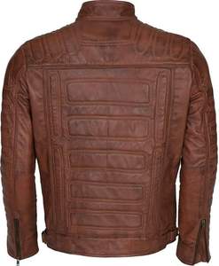 Blouson moto homme marron en PU écologique teint en pièce, col montant, fermeture éclair, coupe droite, pour l'hiver, couleur unie, style motard - Product Image 2