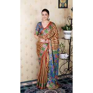 ผ้าไหมทัสซาร์สีน้ำตาลลายทาง ยี่ห้ออีลิท วีฟส์ น้ำหนัก 450 กรัม สำหรับงานปาร์ตี้ ลายพิมพ์ด้วยด้ายซารี ทอแบบอินเดียและปากีสถาน - Product Image 6