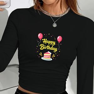 Camiseta de Manga Larga para Mujer con Estampado de Feliz Cumpleaños, Estilo Y2K, Cuello Redondo, Tejido de Punto, Spandex, Poliéster, Top de Moda - Product Image 3