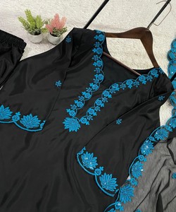 ชุดเสื้อปาเตียลาผ้าเครปไหมปักลายประณีต พร้อมผ้าคลุมไหล่ สไตล์ลำลอง ราคาขายส่ง เสื้อผ้าชาติพันธุ์ สีน้ำเงิน - Product Image 6