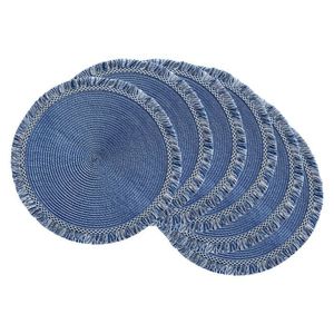Round Blue Fabric Table Mats Bohemian Style With Fringe Edge 400mm Diameter Washable <b>Placemats</b> - Product Image 1