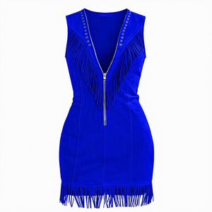 Women's Fall Faux Suede Dress Western Cowgirl for Blue Suede Vest Zip Up V Neck Tassel <b>Fringe</b> Sleeveless Faux Leather Jacke - Product Image 5