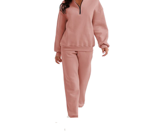 Ensemble de jogging décontracté pour femme, respirant et léger, avec sweat à capuche rose demi-zip, poches latérales, coupe régulière, idéal pour l'automne - Product Image 2