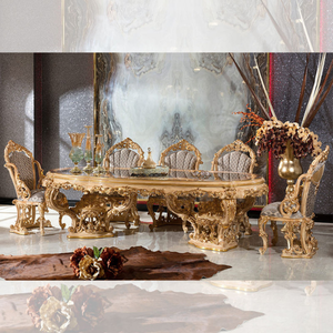 Ensemble de table à manger en bois de mahogany massif de style baroque royal haut de gamme, sculpté à la main en or, meubles de salle à manger classiques européens - Product Image 6