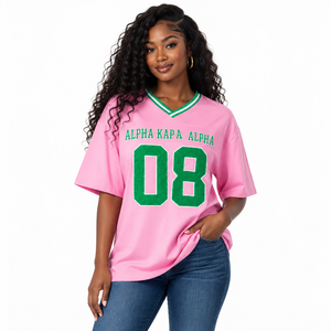 Camiseta Deportiva de Fútbol Americano Rosa Extra Grande de Chenille para Mujer, Camiseta Deportiva de Manga Corta con Cuello en V Rosa y Verde para Mujer - Product Image 1