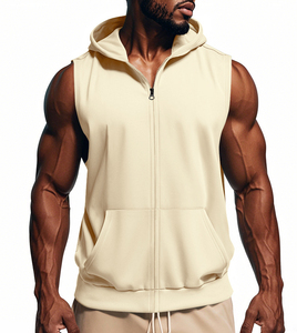 Zipper-Up <b>Sleeveless</b> Winter Outdoor Sports <b>Hoodie</b>-100% Cotton Plain Dyed - Product Image 3