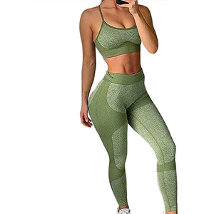 2026 New Women's <b>Green</b> Yoga Set 2 Piece Seamless High Waist Leggings Crop Top Spandex Polyester Full Length Racerback Scoop Neck - Product Image 3