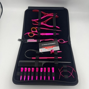 Metallic Pink Color Stainless Steel Custom Logo Hair Extension Pliers Tools Kit Comb Scissors Razor Loop <b>Hook</b> Sectioning <b>Clips</b> - Product Image 6