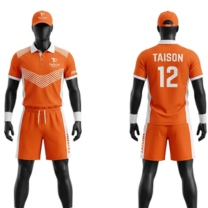 Uniforme de tennis haut de gamme en polyester et élasthanne 220 GSM, orange et blanc, avec panneau chevron, sublimation, broderie, logo personnalisé - Product Image 1