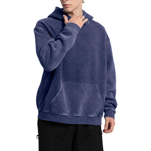 <b>Men's</b> Oversized Hooded Fleece Sweatshirt Solid Color Casual Pullover <b>Blue</b> 100% Cotton Regular Fit Autumn Wear - Product Image 2