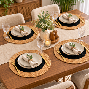 Set de table rond en jute tressé avec centre noir, tissage en jute naturel, style simple, lavable - Product Image 5