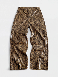 <b>Snake</b> <b>Print</b> Leather <b>Trousers</b> Lambskin Embossed Pattern Wide Leg Baggy Cut Side Pockets Glossy Finish Unisex - Product Image 1