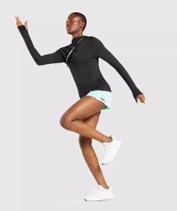Shorts de course taille haute pour femme, vert menthe uni, en Spandex et Polyester, séchage rapide, coupe sportive, taille élastique avec poches - Product Image 2
