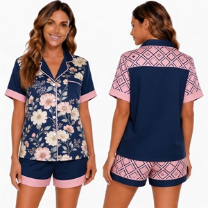 Ensemble de pyjama à manches courtes pour femmes, imprimé floral bleu marine, avec col rabattu et fermeture à boutons, vêtements de nuit d'été - Product Image 1