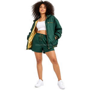 <b>Women</b> Matching <b>Jacket</b> Shorts Set Blank Plain No Logo Adjustable Hood Drawstring <b>Packable</b> Windbreaker Fabric Private Label Wear - Product Image 1