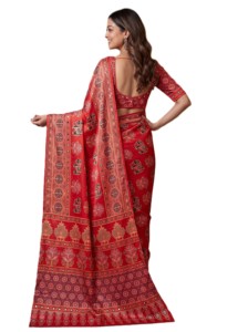 <b>Red</b> Ajrak Digital Print Silk <b>Saree</b> For Women Traditional Wedding Wear Floor Length Wrinkle Free Regular Fit India Pakistan Style - Product Image 4