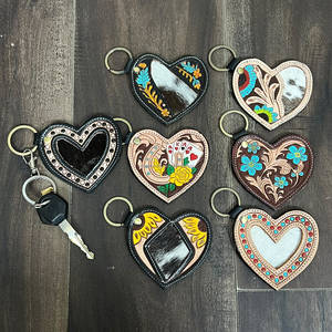 Best Selling Hair on Cow Hand Tooled <b>Leather</b> Heart Shape <b>Key</b> Fob Carved Genuine <b>Leather</b> Keyring Turquoise Flower Luxury Keychain - Product Image 4