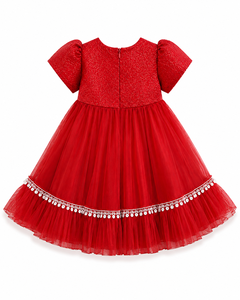 Girls <b>Red</b> Tulle Party Dress With <b>Bow</b> Applique A-Line Knee-Length Cap Sleeve Solid Color Winter Dress - Product Image 5
