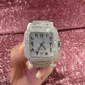 Números arábigos Moissanite |   Reloj de Acero Inoxidable Chapado en Oro de Dos Tonos con Incrustaciones de Diamantes para Hombre, Estilo Rapero | - Product Image 1