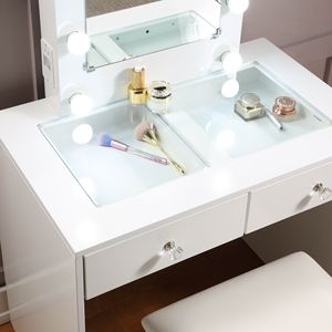 Lussuoso trucco bianco e Set di sgabello con 10 luci porta USB e presa di corrente 2x cassetti mobili in stile elegante - Product Image 3