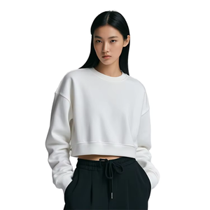 Women's <b>White</b> <b>Cropped</b> Crew Neck <b>Sweatshirt</b> Full Sleeve Knitted Cotton Casual Autumn Solid Color Regular Fit - Product Image 1