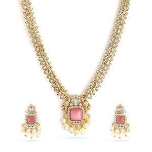 Ensemble collier et boucles d'oreilles en alliage de zinc plaqué argent, zircon rose, perles d'imitation, design floral, certifié par une tierce partie, bijoux pour femmes - Product Image 1
