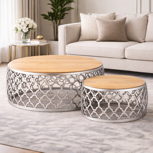 Table de salon moderne en métal avec motif marocain doré et plateau en bois - Product Image 2