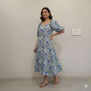 Vestido Maxi Floral Bohemio para Mujer al por Mayor, Manga Corta, Cuello Cuadrado, Ajuste Holgado, Casual, de Algodón con Estampado a Mano - Product Image 4
