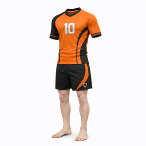 Uniforme de rugby naranja y negro para hombre, conjunto número 10, cuello en V, manga corta, absorción de humedad, ajuste atlético, estampado sublimado - Product Image 1