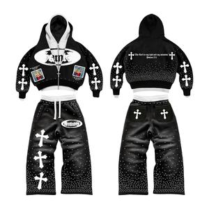 Chándales Gruesos de Fabricante Personalizado, Estilo Vintage Desgastado, con Parches Bordados, Sudadera con Capucha y Cremallera para Hombre, Lavado Ácido, con Pedrería - Product Image 1